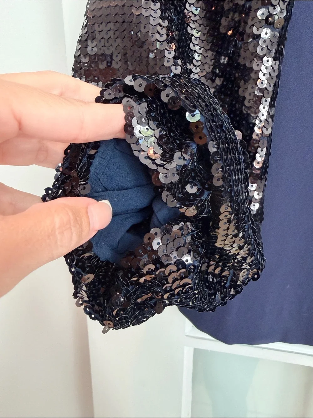 J. Crew Navy Blue Black Sequin Sleeve Formal Party Crepe Blouse Top Size XXS NWT